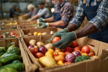Volunteers pack boxes with fresh produce and canned goods indoors. It showcases food bank charity work and community support.