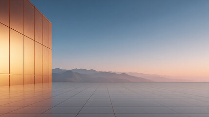 Minimalist Sunset Terrace with Glass Facade and Mountain View