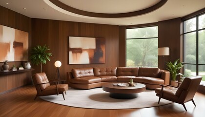 Fototapeta premium Stylish living room featuring a brown leather sofa, minimalist decor and a tranquil outdoor view.