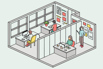 Isometric view of an office space with employees working at desks and collaborating on a project