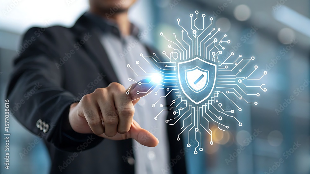 Aufkleber protecting digital data: man touching shield symbol with glowing network, security solutions for bus