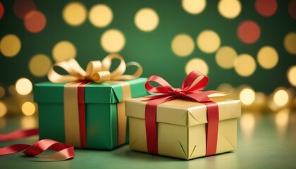 Obraz premium Two gift boxes with red and gold ribbons on a green surface with bokeh lights.