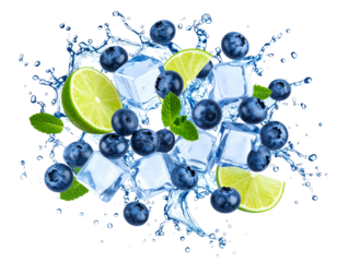  Refreshing Detox Splash with Blueberries, Lime Slices, and Ice Cubes, Isolated on Transparent Background PNG