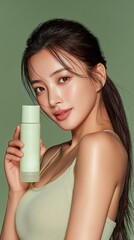 Natural skincare ad with radiant Asian model, fresh skincare product promotion for healthy skin, glowing skincare routine concept, organic skincare brand visual, effective skincare advertisement 