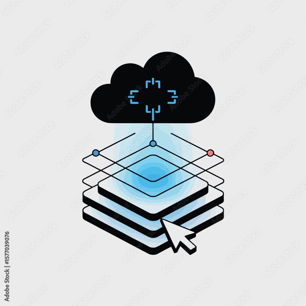 Poster abstract data storage system illustration black cloud icon blue data cubes network connections mouse