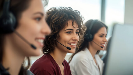 Three smiling women wearing headsets in a call center environment
