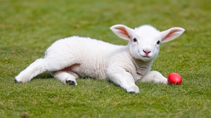 Obraz premium Adorable White Lamb with Red Egg on Green Grass at Easter Celebration