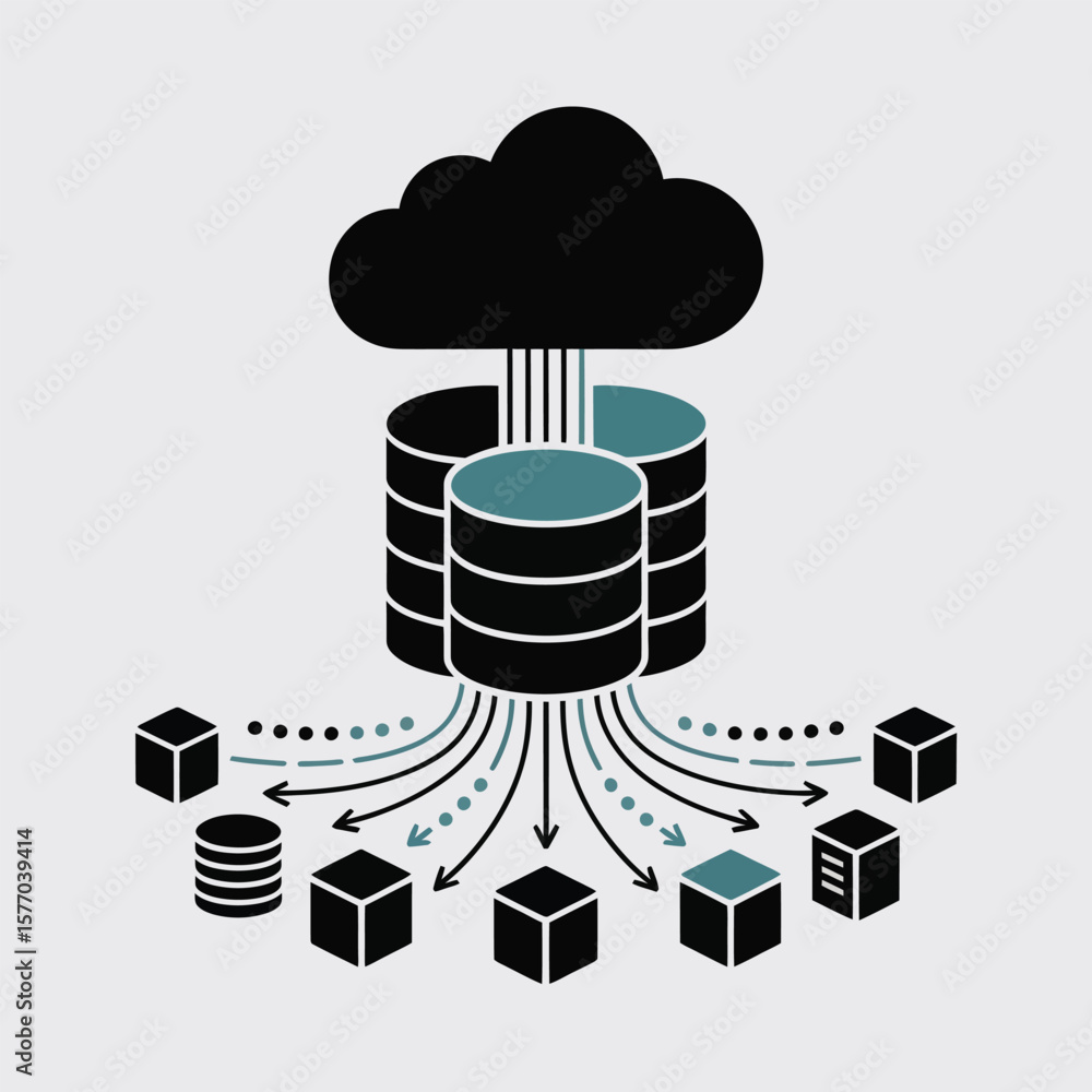 Poster abstract data transfer graphic black teal cubes cloud database servers arrows data flow minimalist i