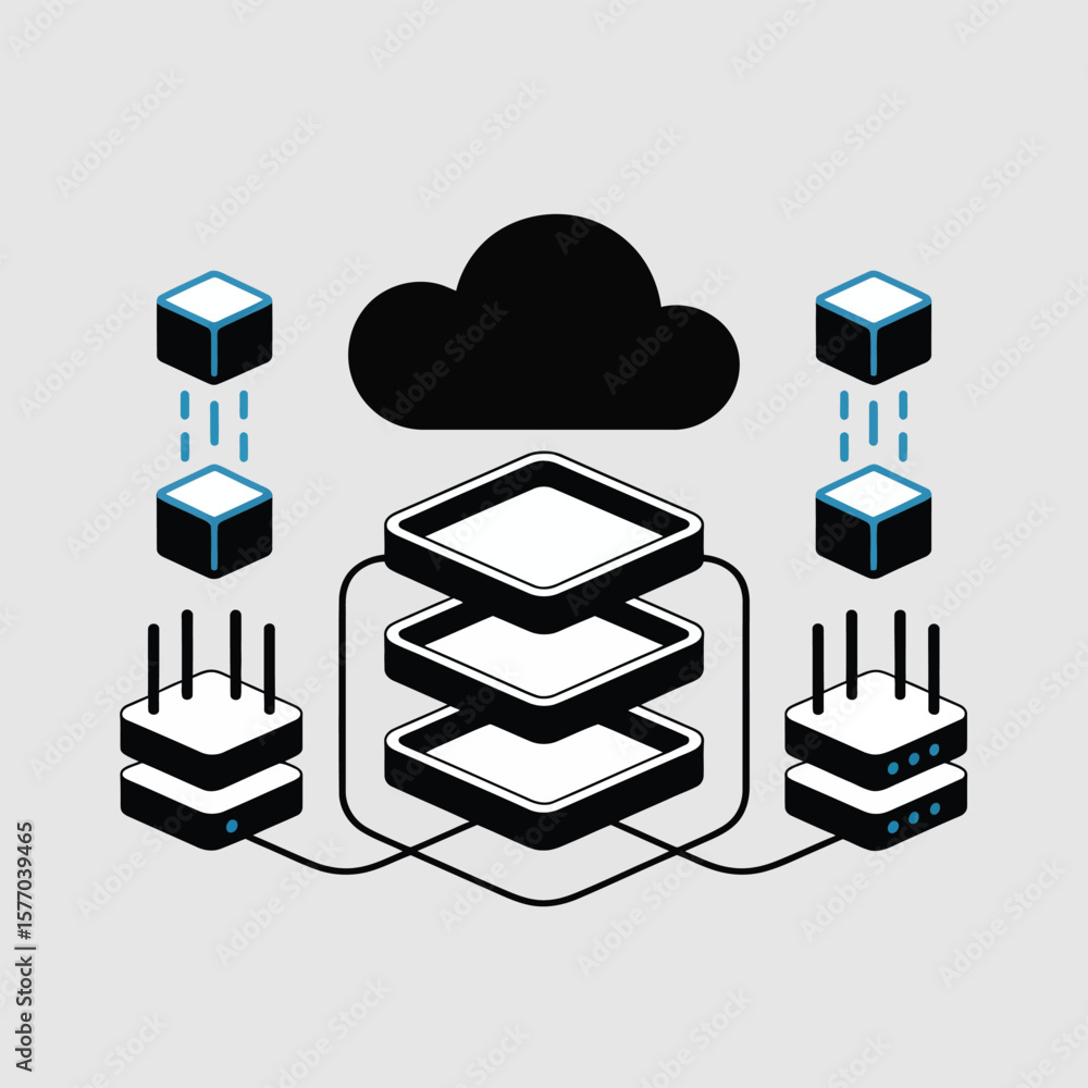 Poster abstract data transfer network diagram black white and blue cube servers cloud data backup system ro