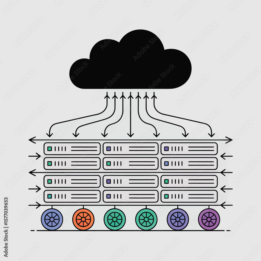 Poster abstract data transfer visualization black cloud data storage server rack colorful wheels line art g