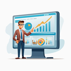 Vector showing a character presenting charts and digital data�ideal for themes like business growth, market forecasting, and corporate reporting visuals