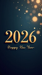 2026 Happy New Year in gold text with festive bokeh lights on dark background.
