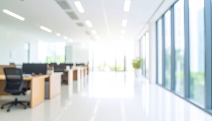 Empty modern office building interior corridor with glass design and natural light