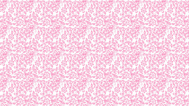 Seamless pattern of pink floral design with leaves and flowers on a white background surface design