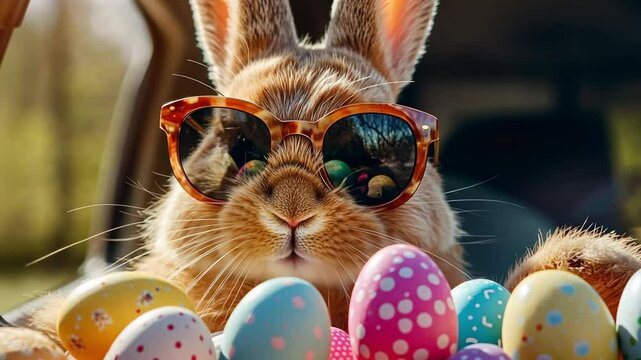 A cute brown rabbit wearing sunglasses sits among colorful Easter eggs. The scene is bright and cheerful, perfect for spring celebrations.