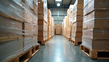 Warehouse scene with long aisle of wooden crates stacked high on pallets on dollies. Organized storage, efficient supply chain, well-structured inventory in depot. Beige color dominates, creating