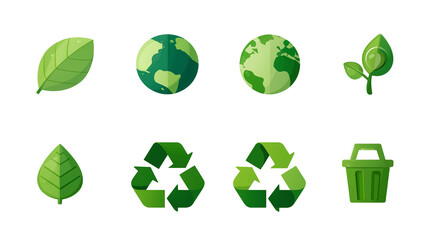 Eco Icon Pack with Leaves, Earth, Recycling Symbols and Green Trash Bin - Sustainable Environment Illustration(葉っぱ・地球・リサイクル・ごみ箱のエコアイコンセット - サステナブルな環境イラスト)