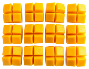  Sliced Mango Cubes in Grid Formation, Overhead Top View, Isolated PNG