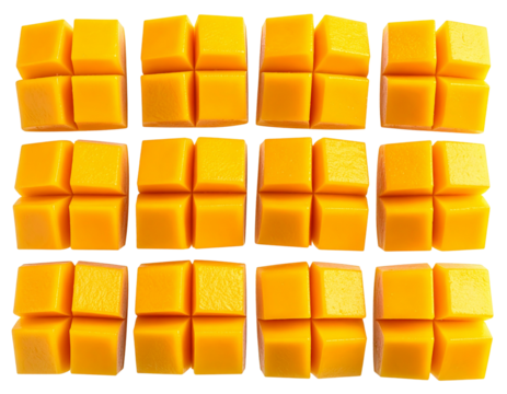  Sliced Mango Cubes in Grid Formation, Overhead Top View, Isolated PNG