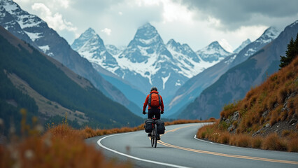 Person rides loaded bicycle along winding mountain road with snowy peaks and cloudy sky in the background.
