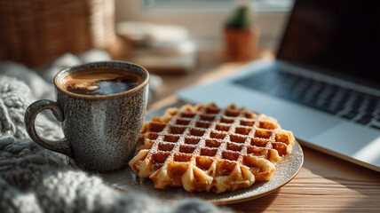 Cozy workspace with waffles, coffee, and laptop creating warm atmosphere