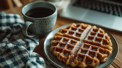 Delicious waffles beside coffee cup on cozy workspace
