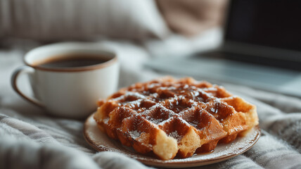Delicious waffles beside coffee cup on cozy workspace