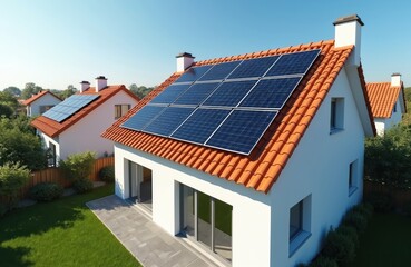 Fototapeta premium Modern house with solar panels on red roof. White building covered by eco-friendly panels, large windows, balcony. Rich green garden, trees, sky background create harmony between nature, architecture.