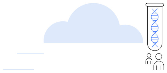 DNA strand inside a test tube beside two human figures with a cloud backdrop. Ideal for genetic technology, cloud storage, bioinformatics, data privacy, genomics, healthcare, innovation themes