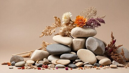 Balanced Stones Rest Beside Dried Blooms
