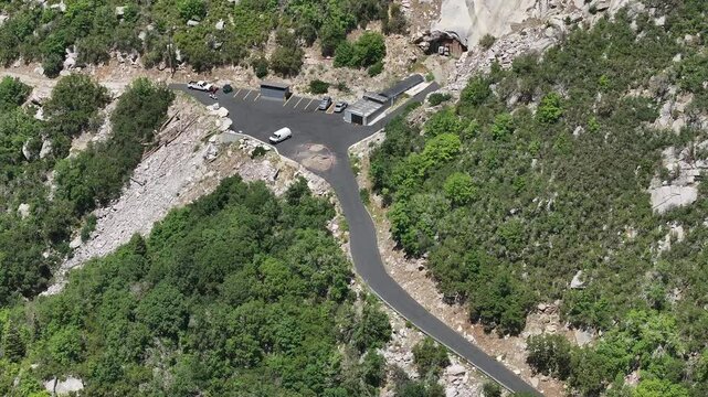 Aerial Little Cottonwood Canyon security vault SLC Utah 1 pull. Granite Records Vault Mountain solid rock 600 foot tunnel Little Cottonwood Canyon. LDS or Mormon church stores records for security.