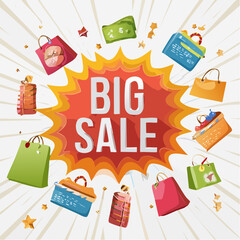 High-energy vector sale poster with �BIG SALE� in bold, glowing explosion shapes, sharp contrasts, and vibrant gradients for commercial use in digital or print marketing