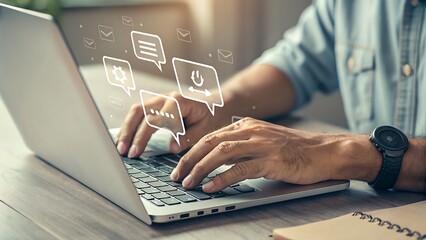 Typing on Laptop with Digital Communication Overlays for Efficient Workflow and Messaging.