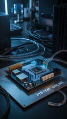 Close-up of a hard disk drive, revealing intricate electronic components and circuitry on the computer's motherboard