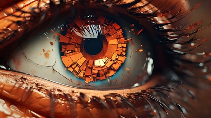 A captivating close-up reveals an abstract human eye with intricate geometric shapes and vibrant amber hues, creating a surreal focal point.
