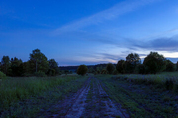 Countryside dirt road through green field at twilight