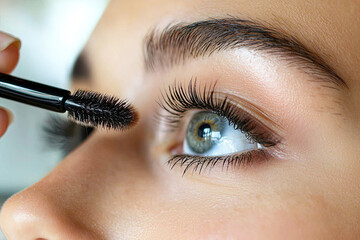 Beauty Unveiled: The image captures a close-up of a person's eye as they apply mascara, accentuating the natural beauty of the lashes, creating a visual narrative of elegance and personal care.