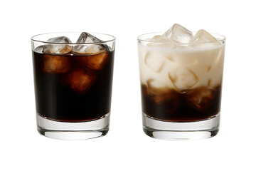 Black russian and white russian cocktails with ice isolated on transparent background