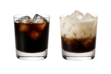Black russian and white russian cocktails with ice isolated on transparent background