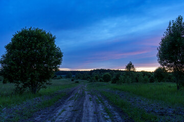 Dirt road through green countryside at sunset