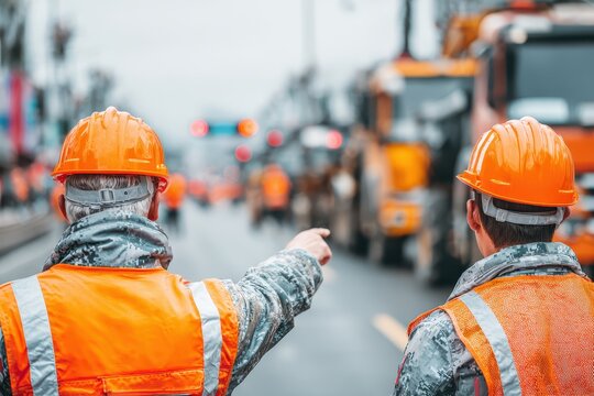 Two construction workers in orange vests, hardhats supervise the blurry street. Use this image to show teamwork, road construction, or project management.