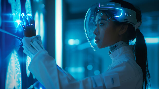 Cybernetic healthcare worker operating glowing medical interface - Powered by Adobe