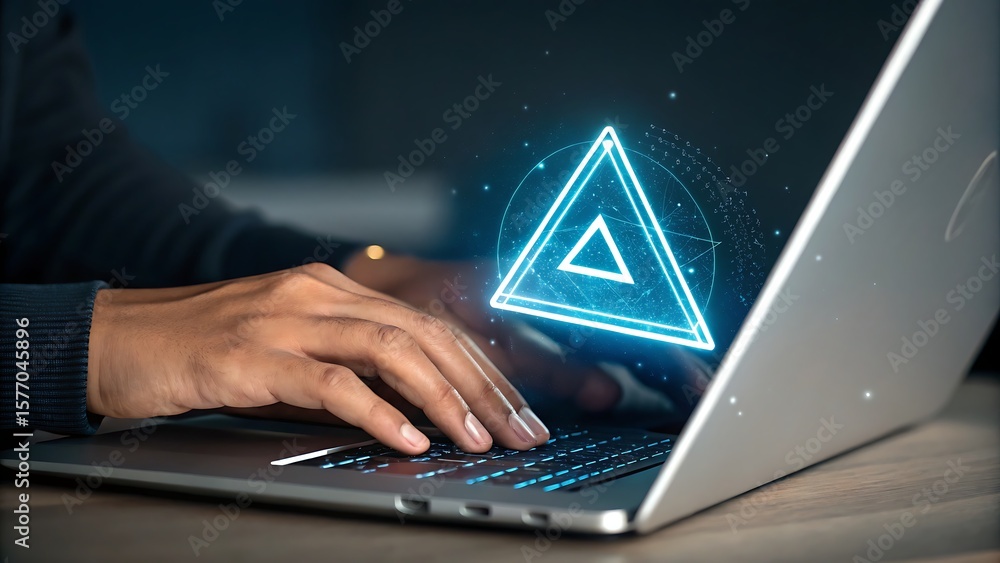 Aufkleber person using laptop with glowing triangle interface, exploring technology and innovation for new pos
