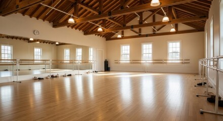 Spacious and well-lit dance studio with wooden floors mirrors and ballet barres creating an inspiring environment for artistic expression and movement practice