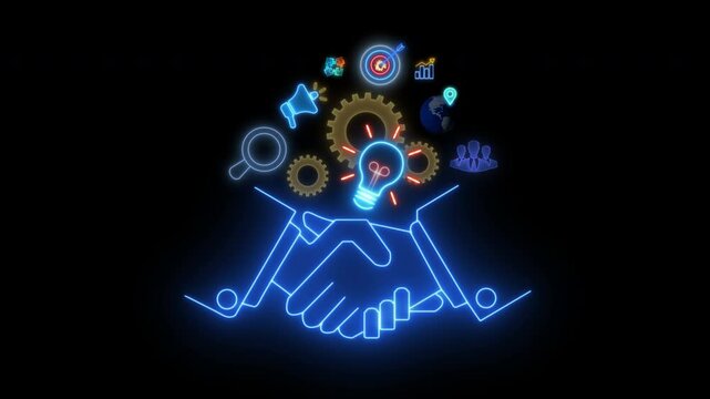 Animated icons represent teams and individuals in a business agreement context, symbolizing collaboration, trust, and mutual understanding in professional partnerships.