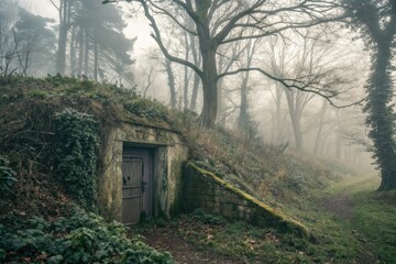Weathered wooden bunker door in a foggy forest clearing surrounded by overgrown vegetation and bare trees in a misty atmosphere