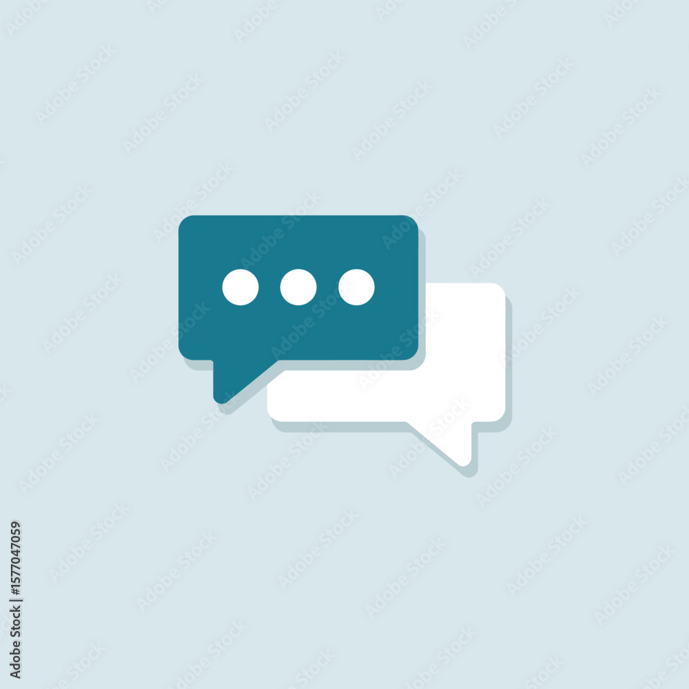 Poster teal and white flat chat bubble icons overlapping on light blue background simple communication grap