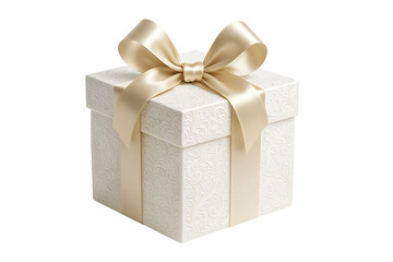 Obraz premium Elegant white gift box with embossed texture and satin bow isolated on transparent background