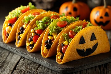Halloween-themed tacos with jack o'lantern face on hard shells