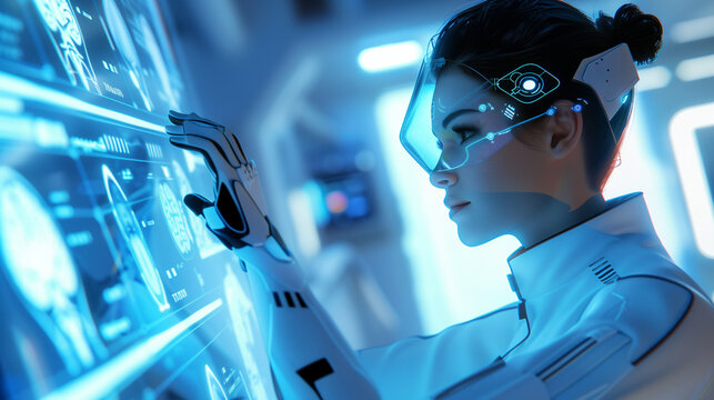 Cybernetic futuristic female doctor using holographic medical display